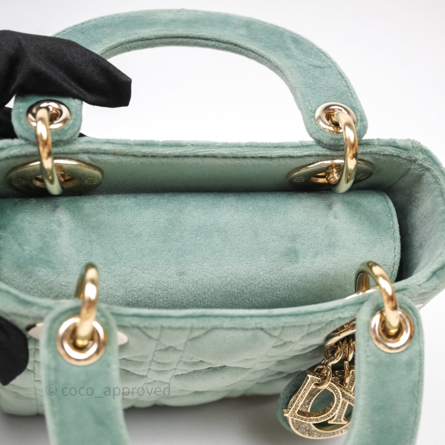 Christian Dior Mini Lady Dior Green Suede Cannage Gold Hardware