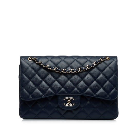 Luxury Chanel Classic Double Flap Jumbo Dark Blue Caviar gold