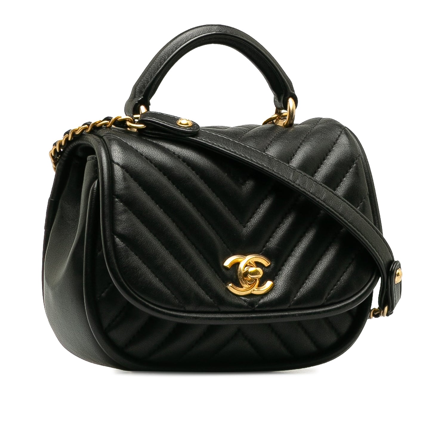 Luxury Chanel Reverse Round Mini Black Quilted Chevron Lambskin Gold