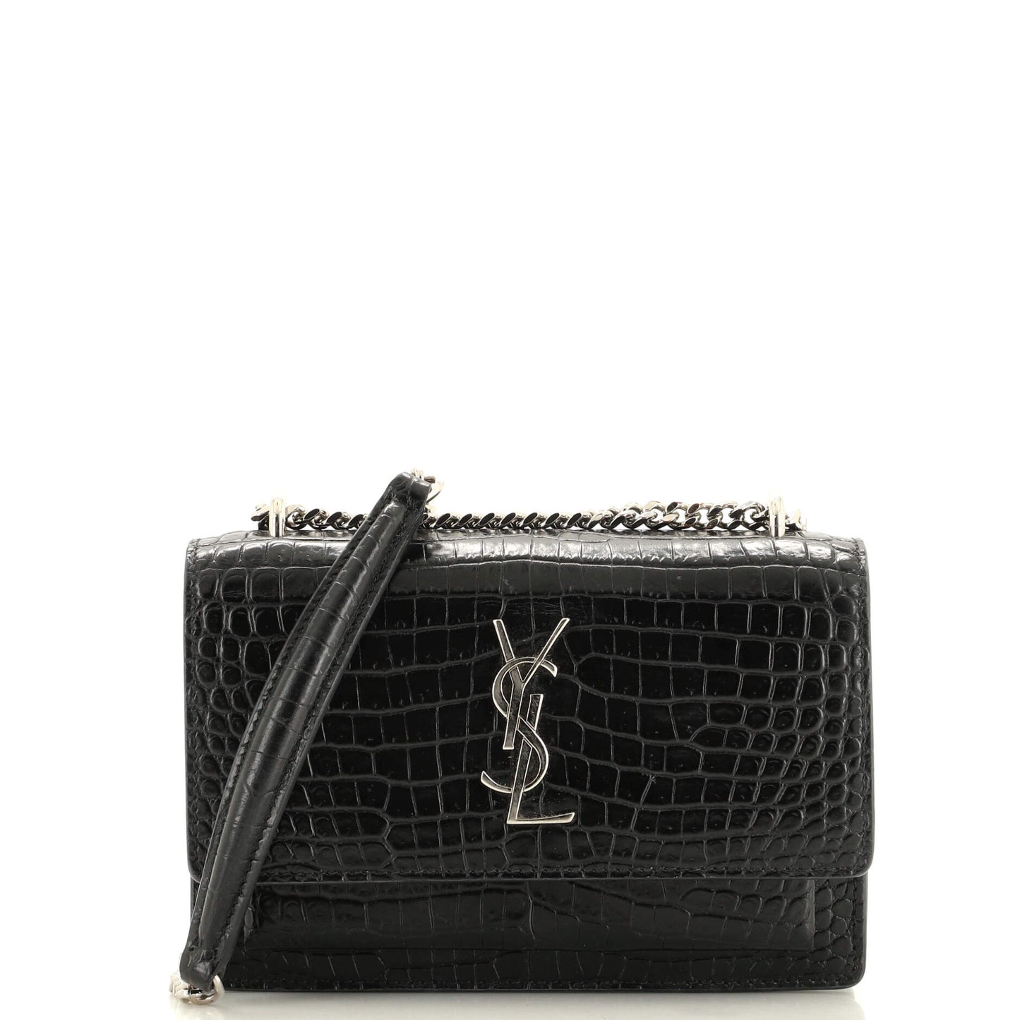 Luxury Saint Laurent Sunset Chain Wallet Crocodile Embossed Leather