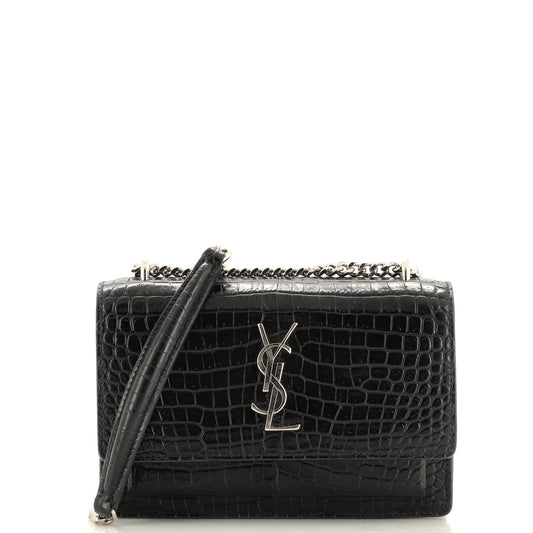 Luxury Saint Laurent Sunset Chain Wallet Crocodile Embossed Leather