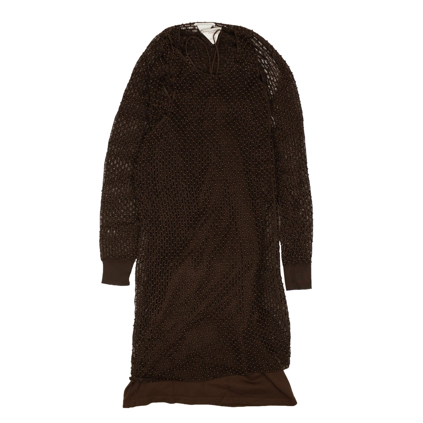 NWT Luxury Bottega Veneta Chocolate Brown Beaded Mesh Knit Dress Set