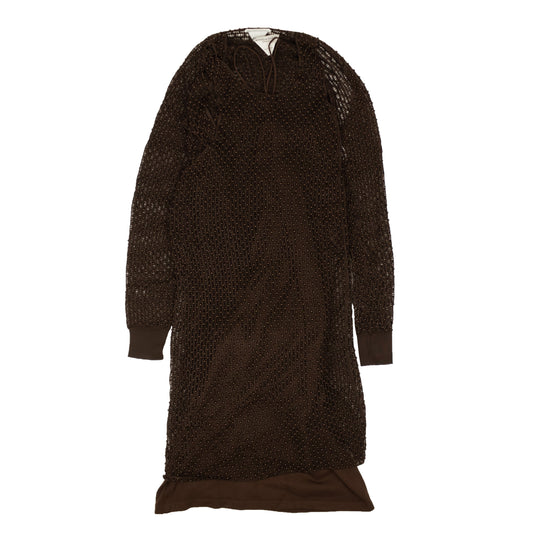 NWT Luxury Bottega Veneta Chocolate Brown Beaded Mesh Knit Dress Set
