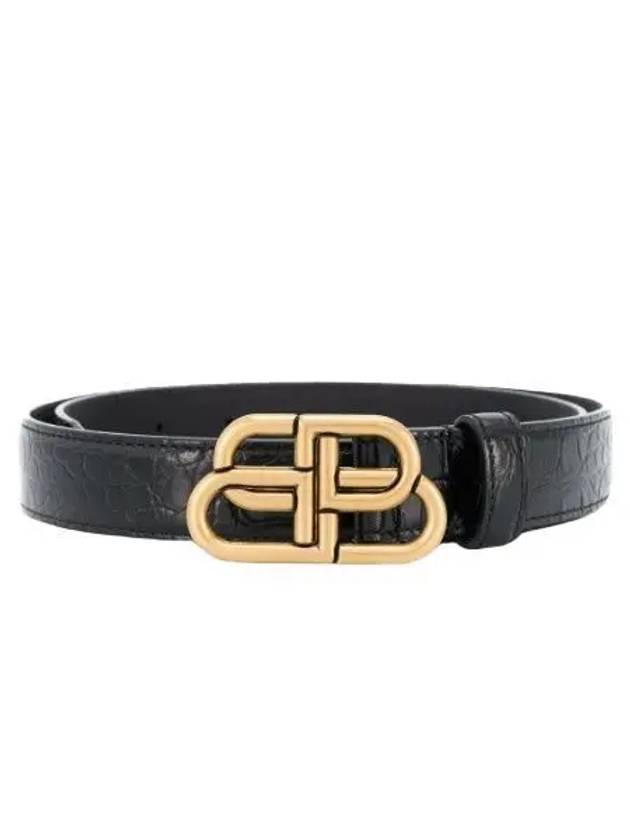 Luxury Balenciaga WoMen's Crocodile Embossed BB Buckle Thin Belt Black