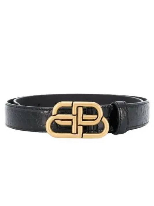 Luxury Balenciaga WoMen's Crocodile Embossed BB Buckle Thin Belt Black