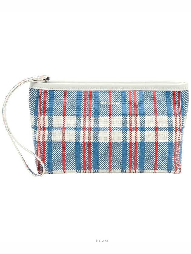 Luxury Balenciaga Multi check printed gold lettering logo hand strap Babes pouch clutch