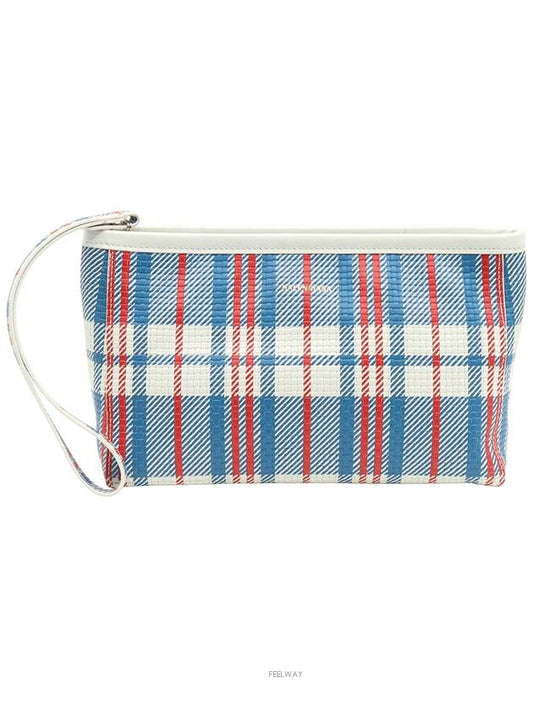Luxury Balenciaga Multi check printed gold lettering logo hand strap Babes pouch clutch
