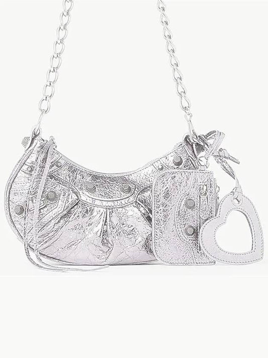 Luxury Balenciaga WoMen's Le Cagole XS Chain Metal Shoulder Bag Silver