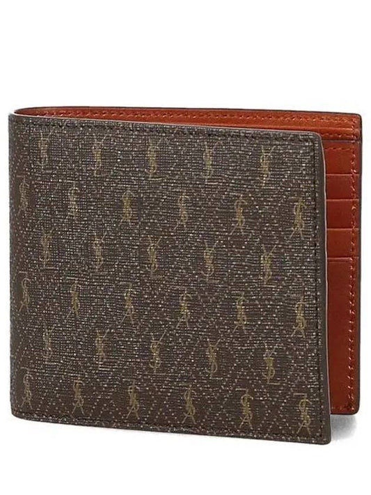 Luxury Saint Laurent Men’s Monogram Canvas and Smooth Leather Half Wallet Chestnut