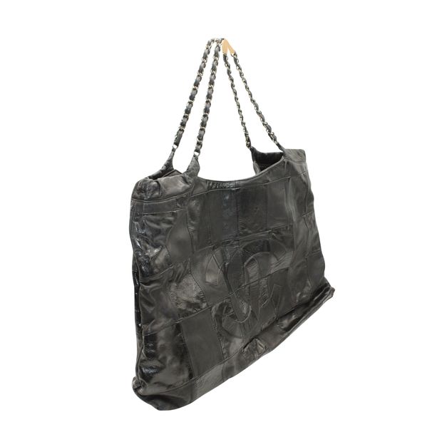Luxury Chanel Black Leather Patchwork Tote With Silver Tone Chain 2013-2014