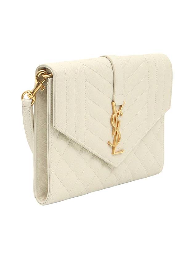 Luxury Saint Laurent Blanc Vintage White Grande Poudre Embossed Gold Monogram Envelope Strap Clutch