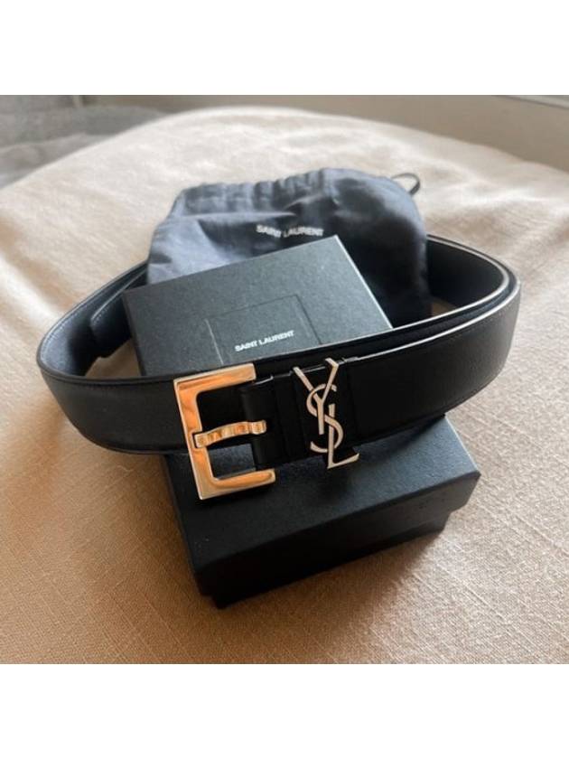 Luxury Saint Laurent Square Buckle Cassandre Thin Leather Belt Black