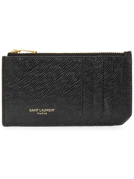 Luxury Saint Laurent Coated Bark Leather Fragment Zipper Card Wallet Black