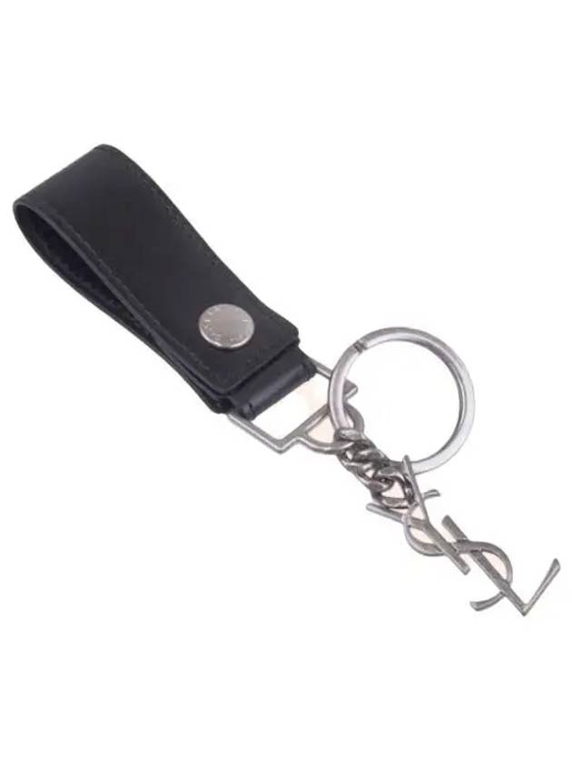 Luxury Saint Laurent Monogram Leather Key Holder Black Silver