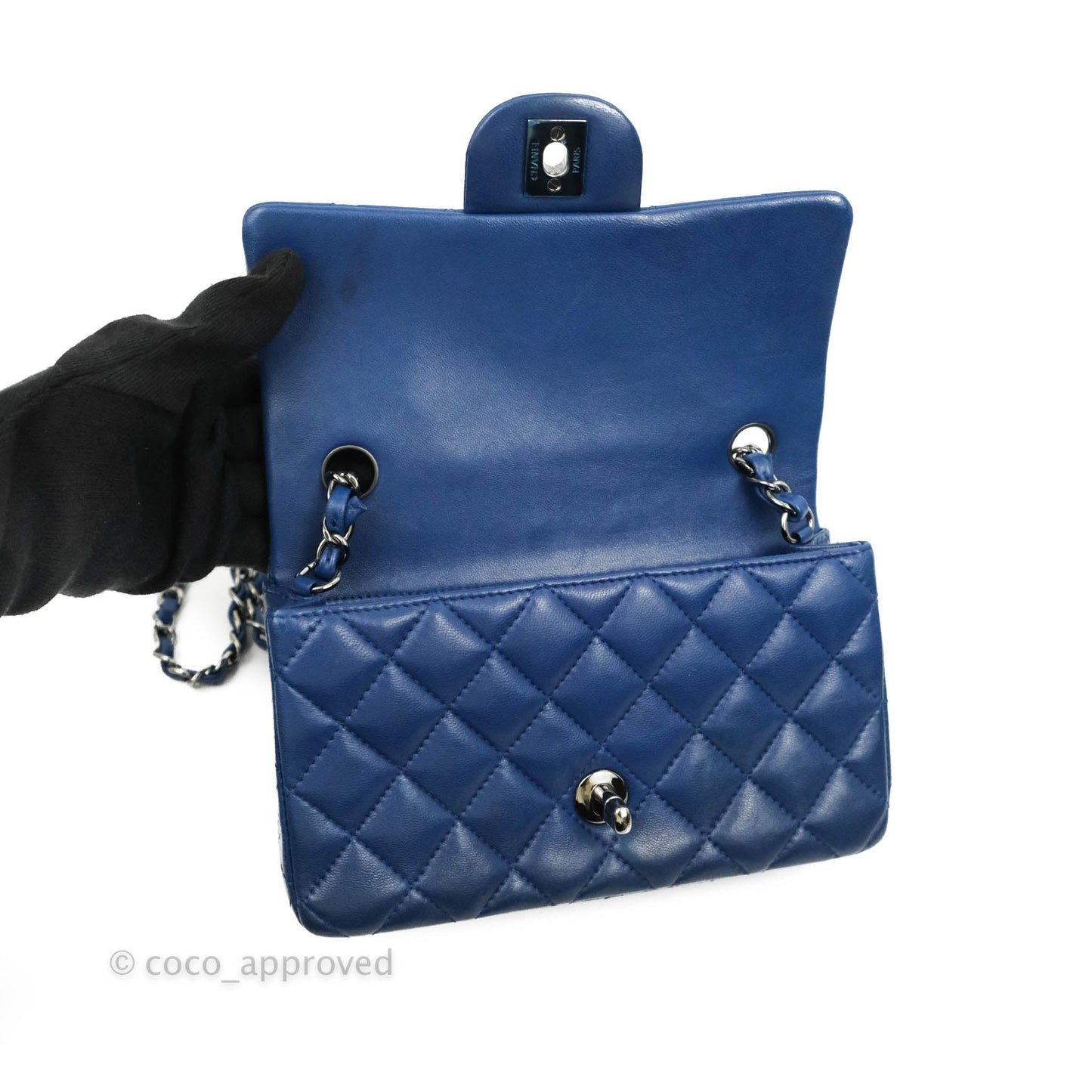Chanel Quilted Mini Rectangular Flap Dark Blue Lambskin Gun Metal