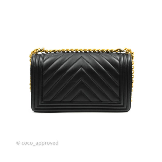 Chanel Medium Chevron Boy Black Calfskin Aged Gold Hardware
