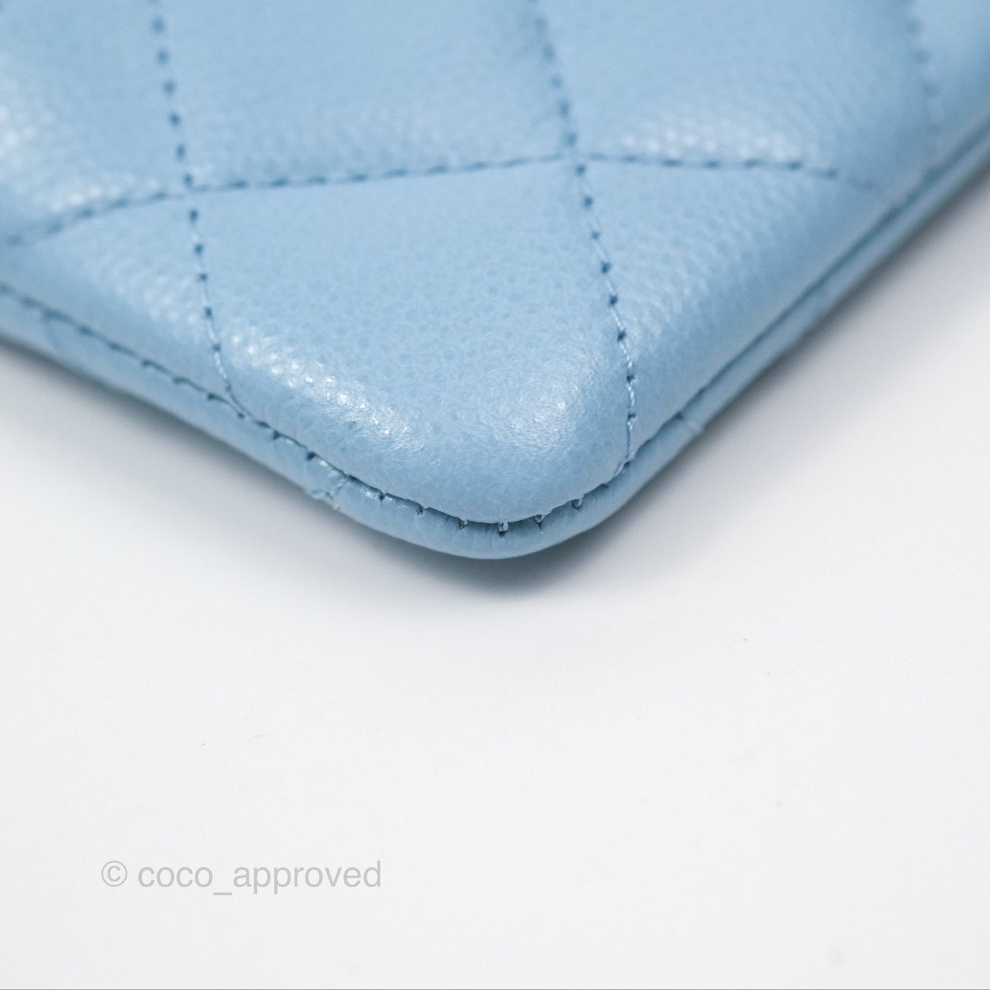 Chanel Quilted Crystal CC Zip Card Holder Wallet Light Blue Caviar Gold Hardware