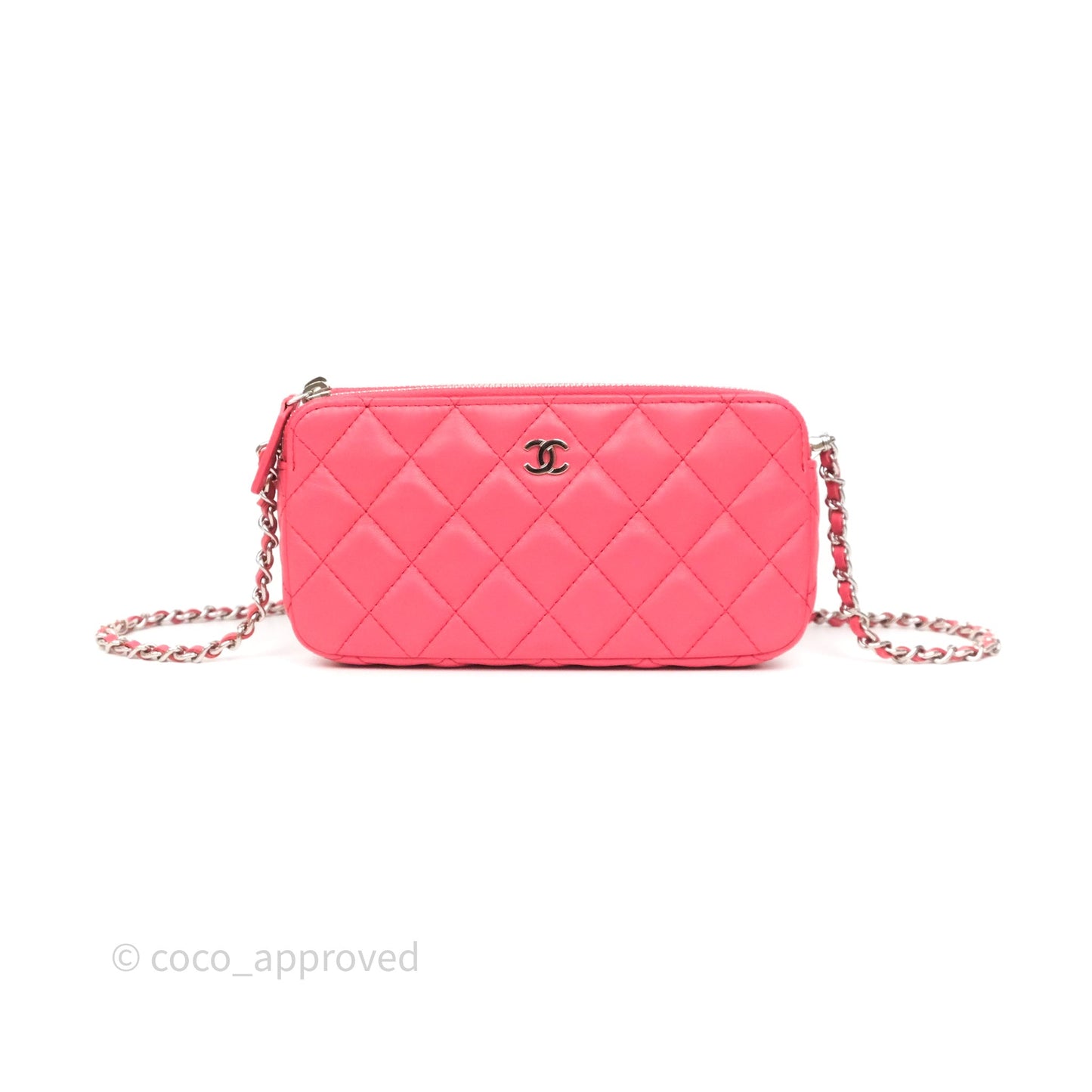 Chanel Double Zip Clutch On Chain Dark Pink Lambskin Silver Hardware