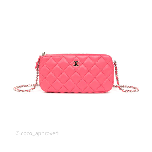 Chanel Double Zip Clutch On Chain Dark Pink Lambskin Silver Hardware