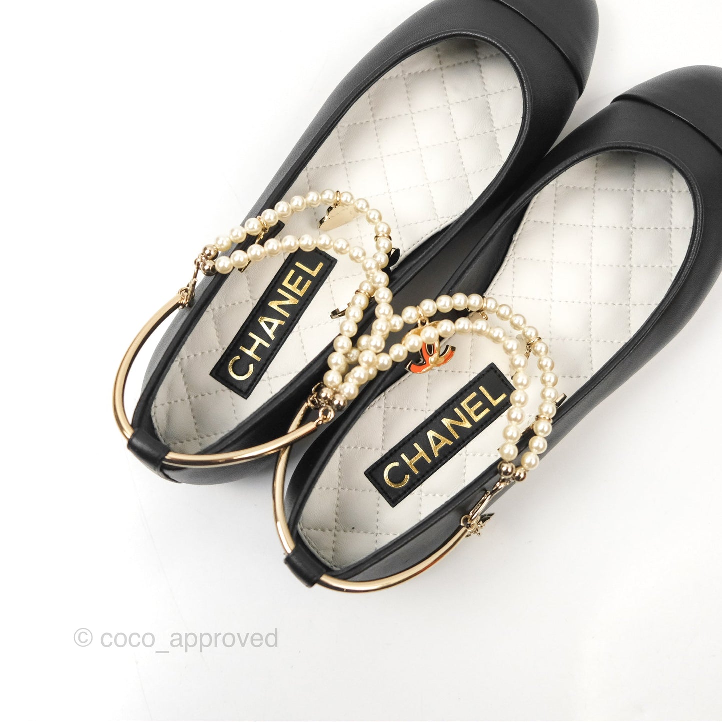Chanel Ankle Double Pearl Pendant Flat Ballerinas Black Lambskin Size 37