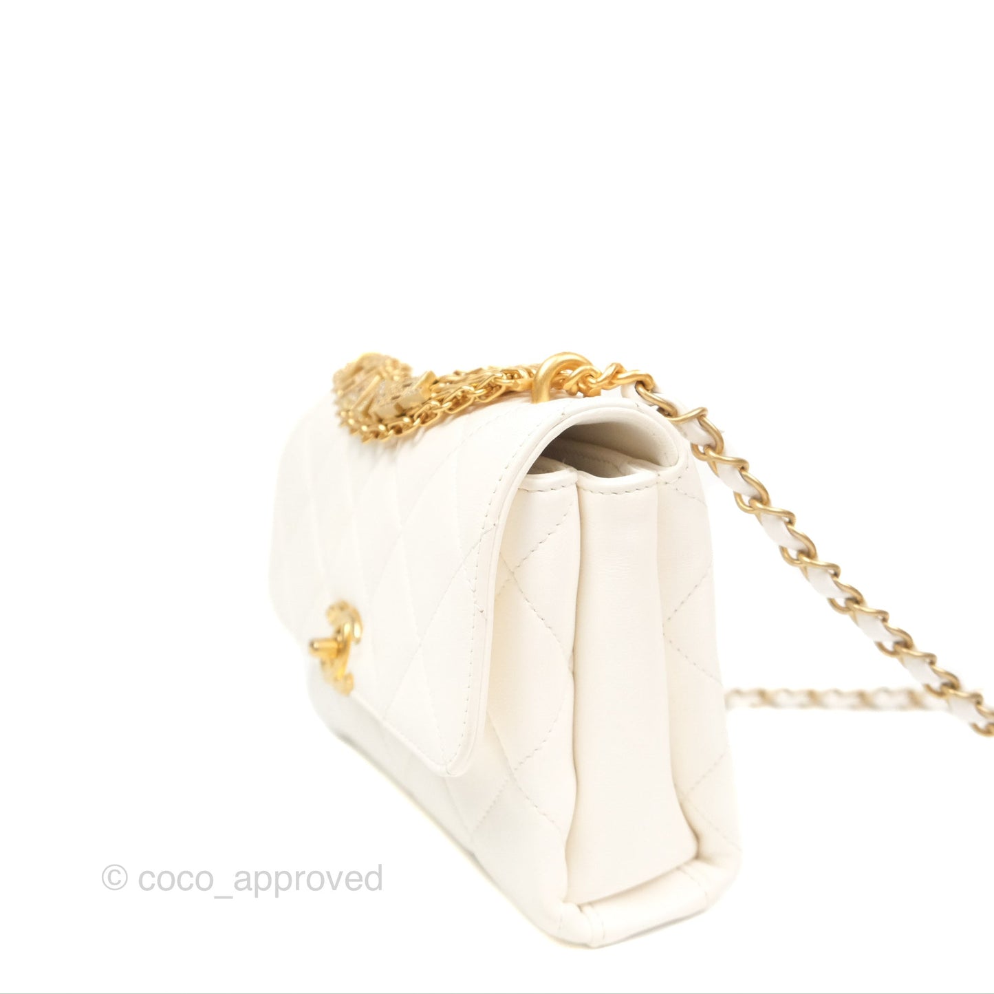 Chanel Crystal Logo Handle Flap Bag White Lambskin 22S