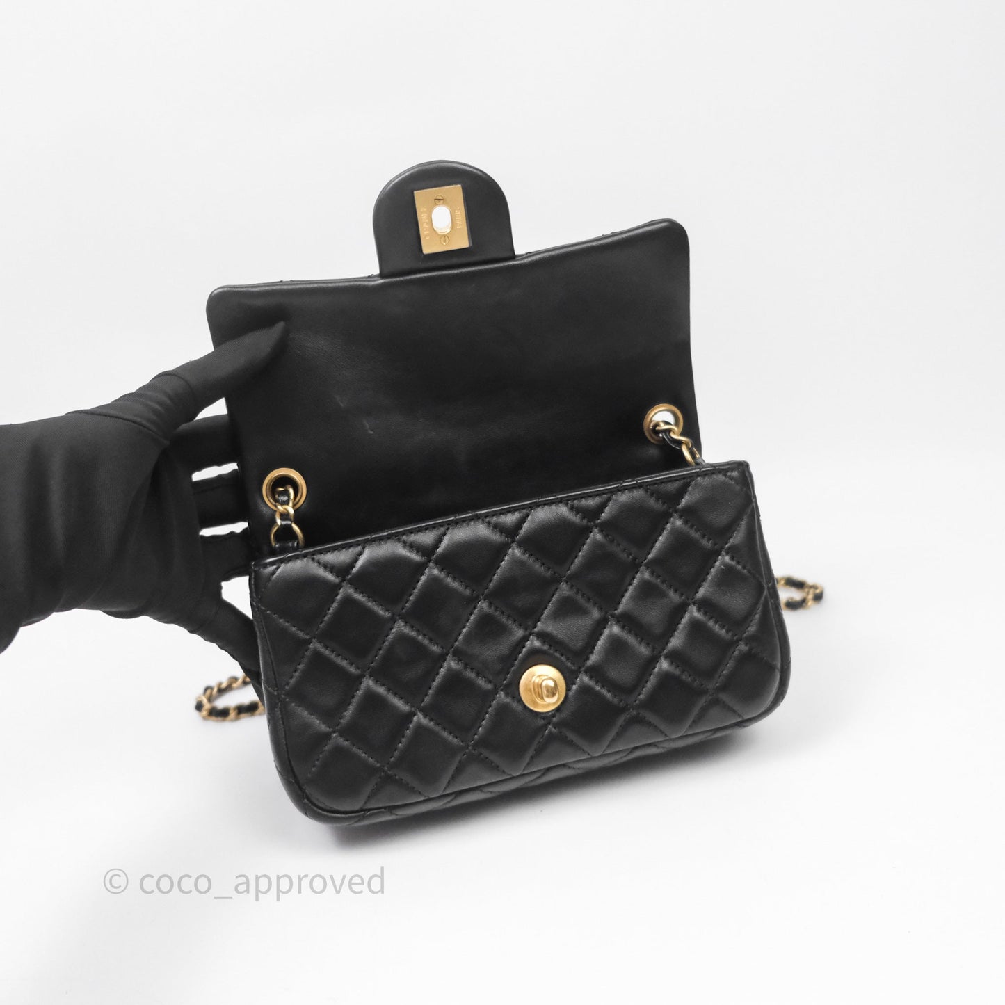 Chanel Mini Rectangular Pearl Crush Quilted Black Lambskin Aged Gold Hardware