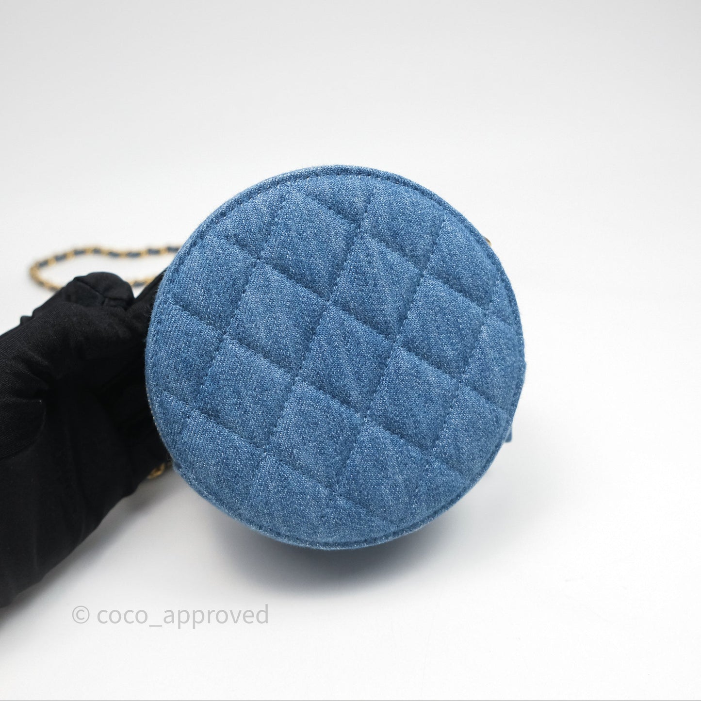 Chanel Quilted Pearl Crush Round Clutch With Chain Denim Aged Gold Hardware