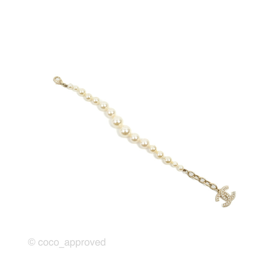Chanel CC Crystal Pendant Pearl Bracelet Gold Tone 17V
