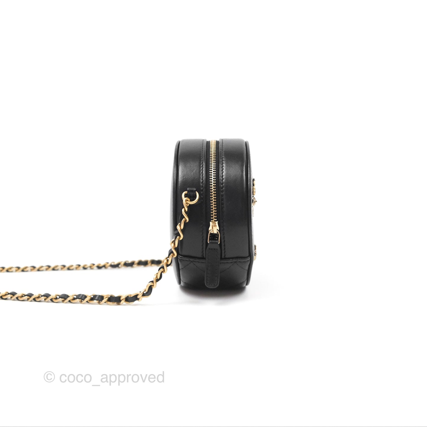 Chanel Studded CC Round Clutch With Chain Black Lambskin Gold Hardware