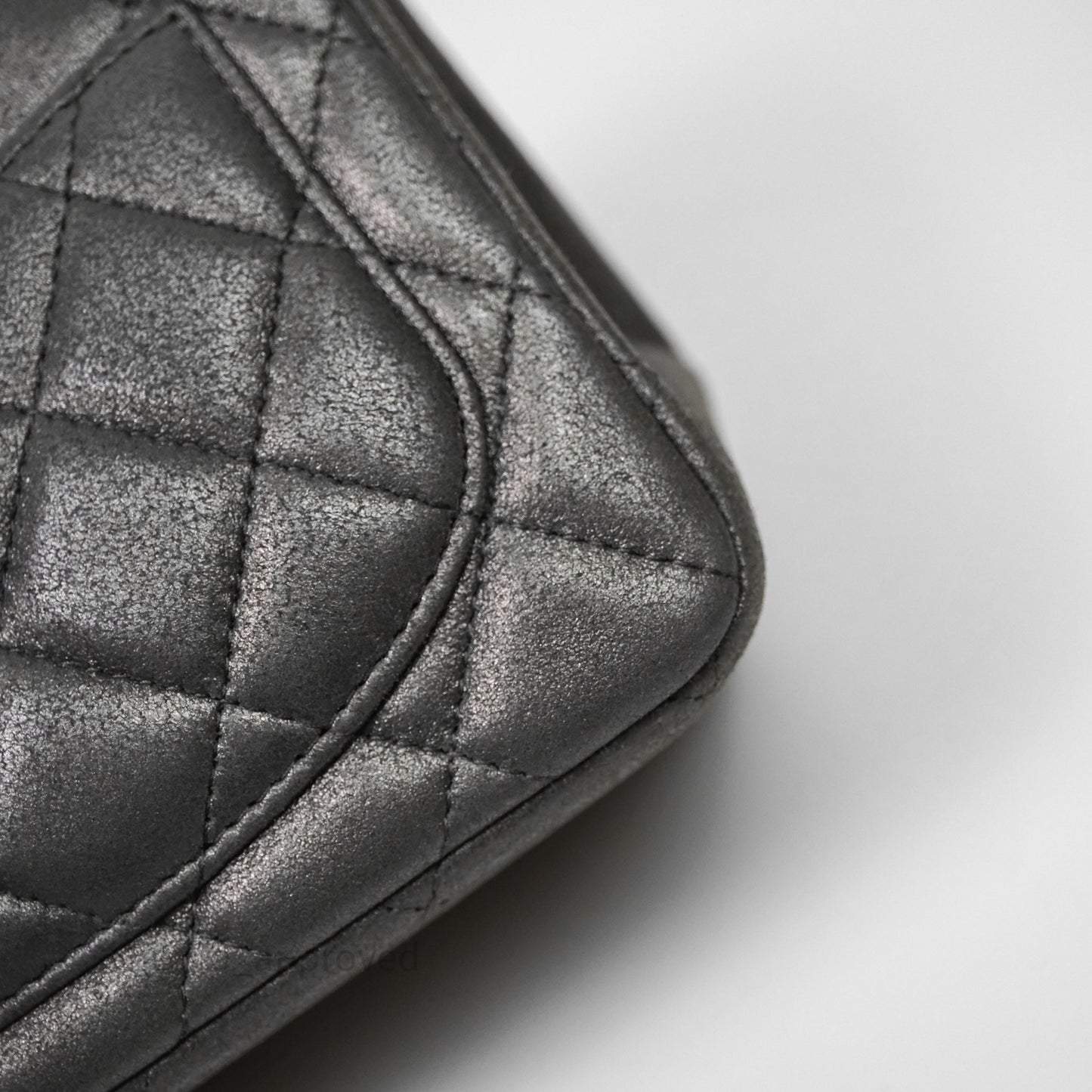 Chanel Mini Square Iridescent Grey Suede Gun Metal Hardware