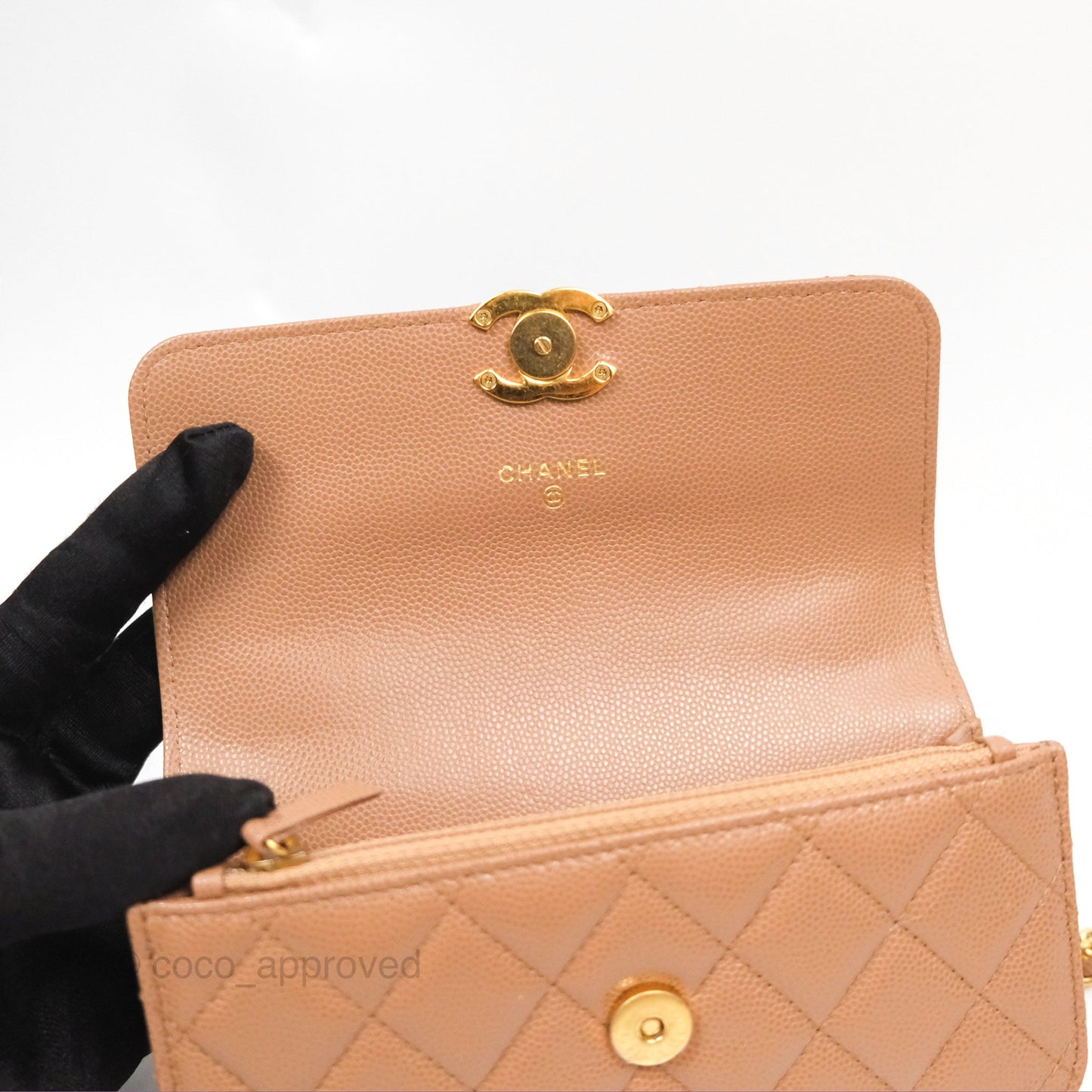 Chanel Coco First Phone Holder Dark Beige Caviar Gold Hardware 22K