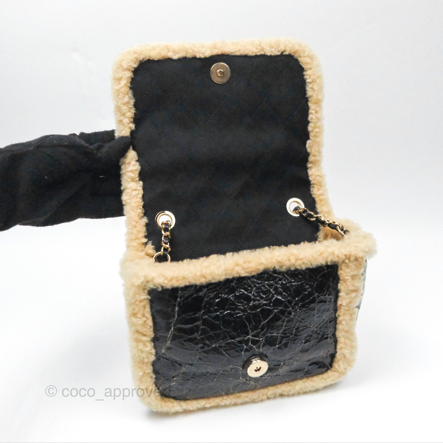 Chanel Mania CC Shearling Flap Bag Black Crumpled Glazed Sheepskin