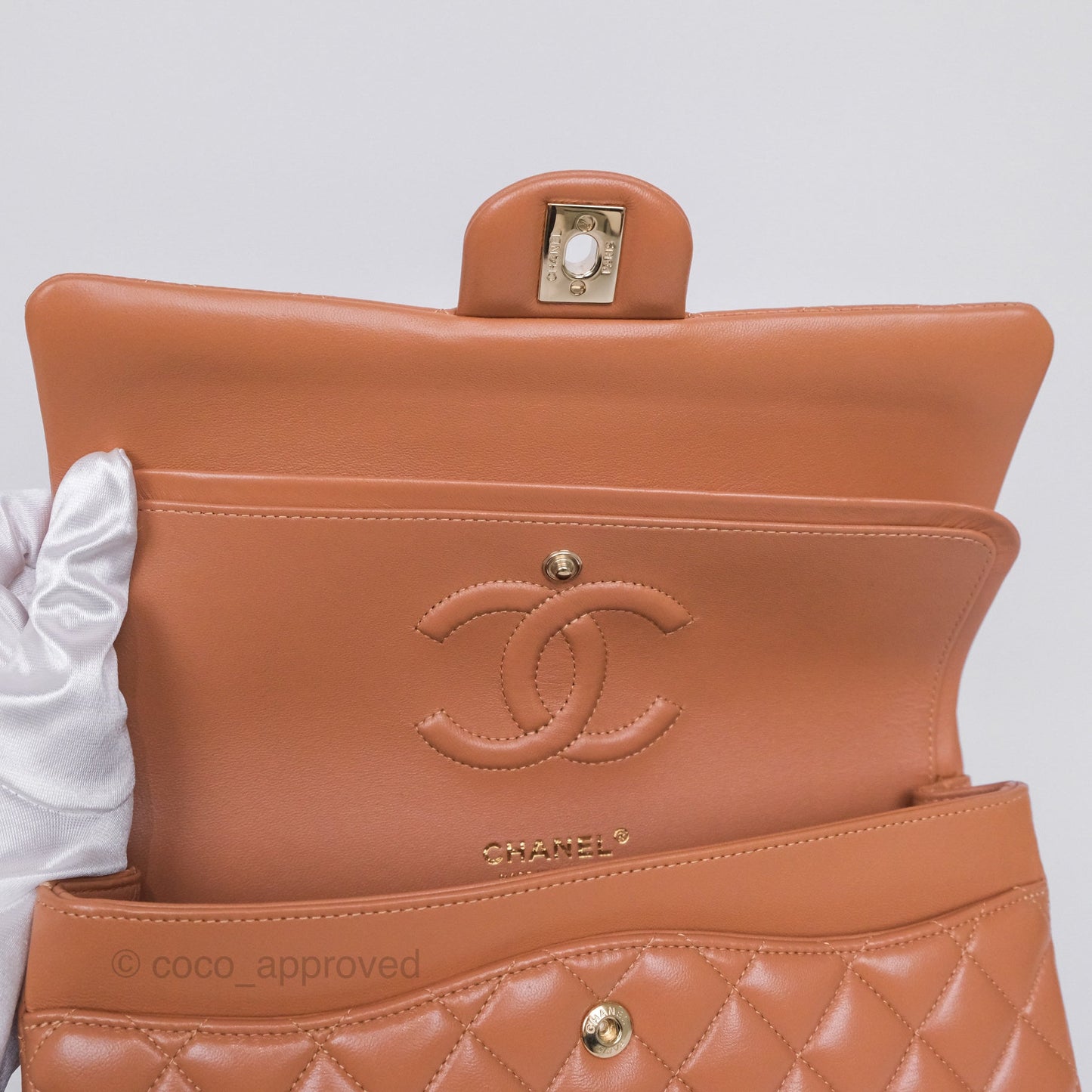 Chanel Medium Classic Quilted Flap Dark Beige Caramel Lambskin Gold Hardware