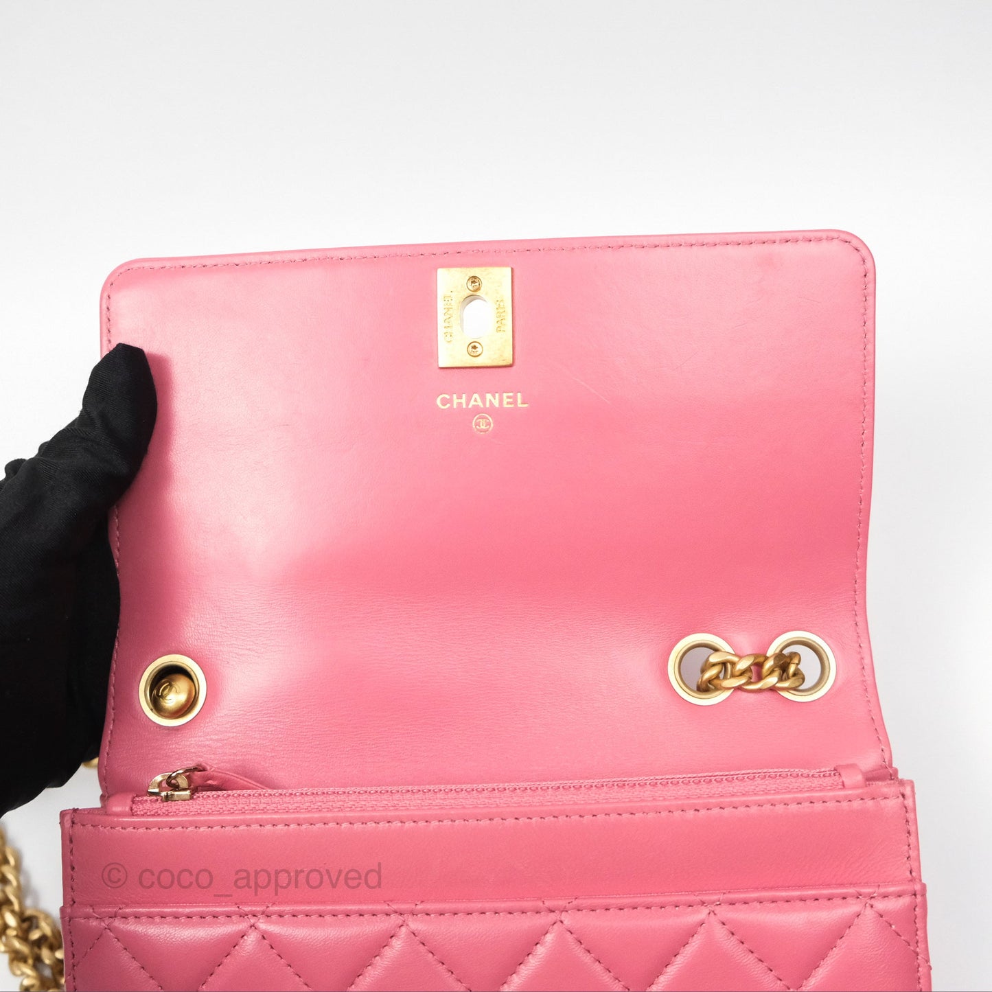 Chanel All Slide Wallet on Chain WOC Adjustable Chain Quilted Pink Lambskin