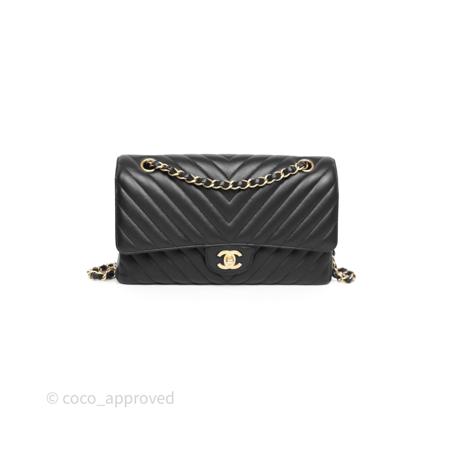 Chanel Classic Medium Flap Chevron Black Lambskin Aged Gold Hardware