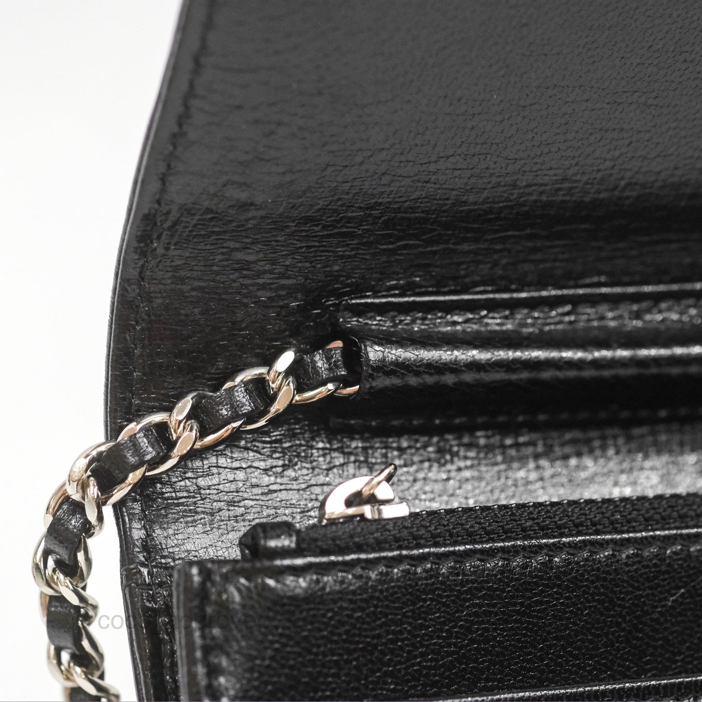 Chanel Diamond CC Wallet On Chain WOC Black Goatskin Silver Hardware