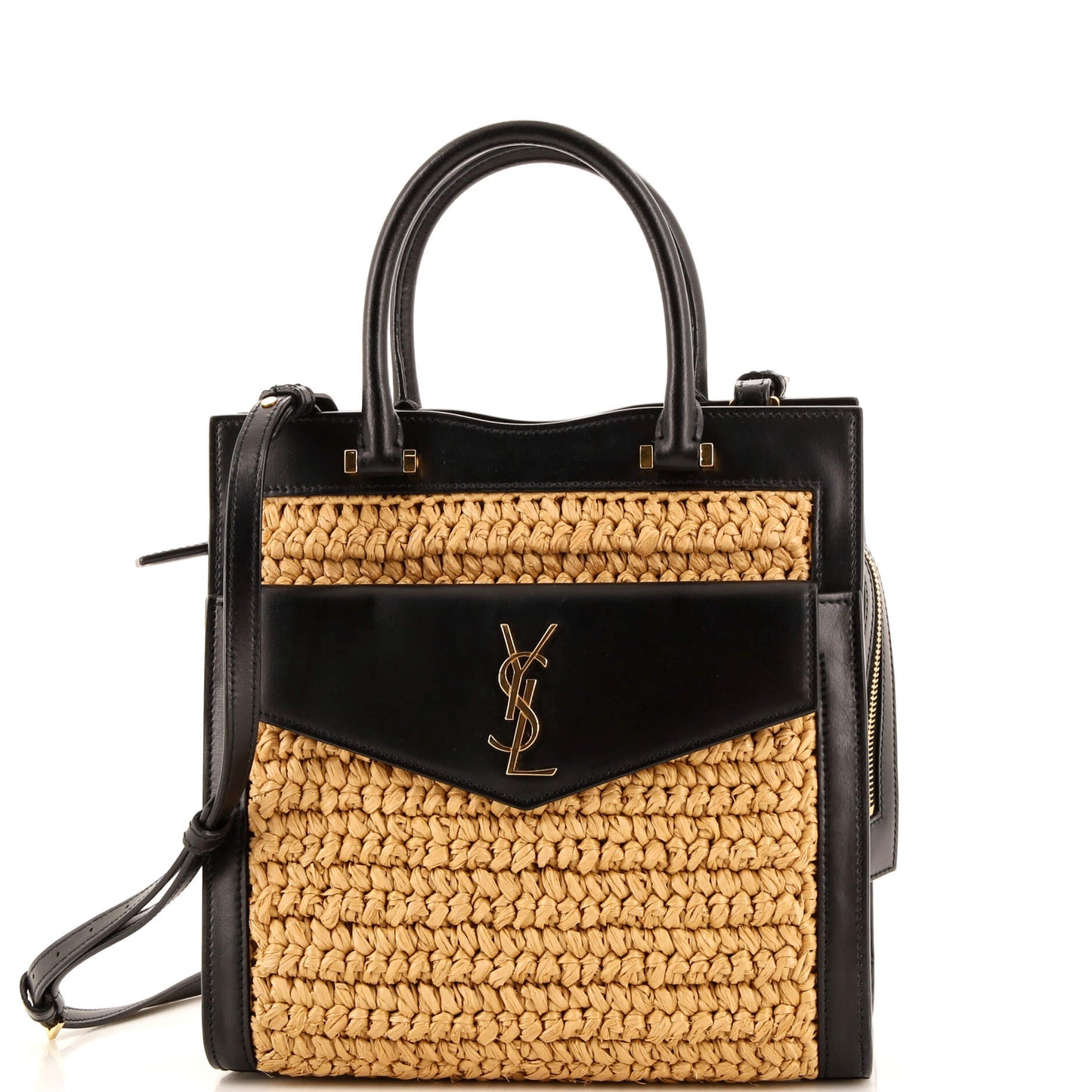 Luxury Saint Laurent Uptown Tote Raffia with Leather Small