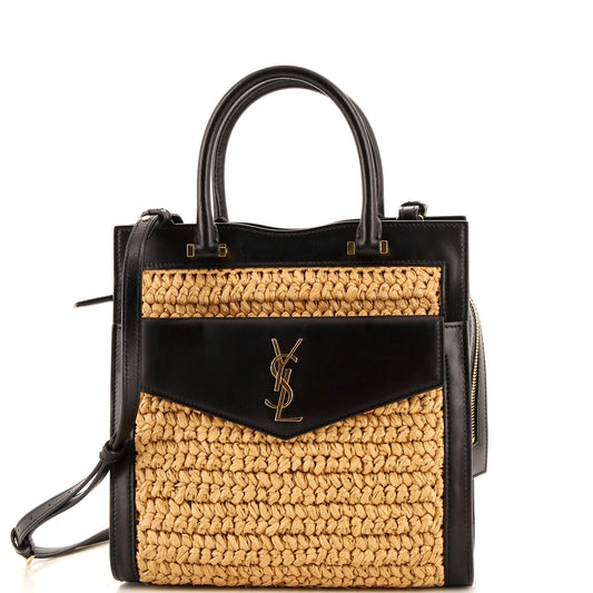 Luxury Saint Laurent Uptown Tote Raffia with Leather Small