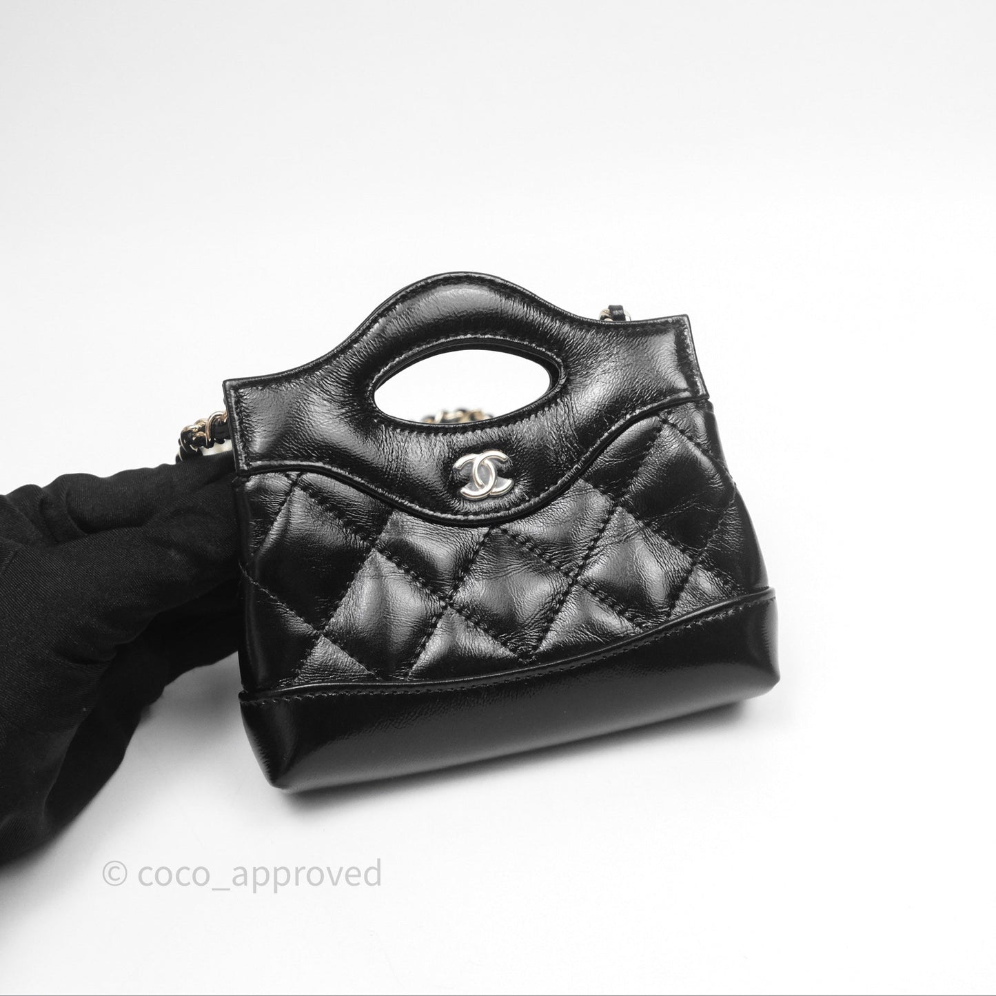 Chanel Micro 31 Clutch With Chain Black Shiny Calfskin Gold Hardware