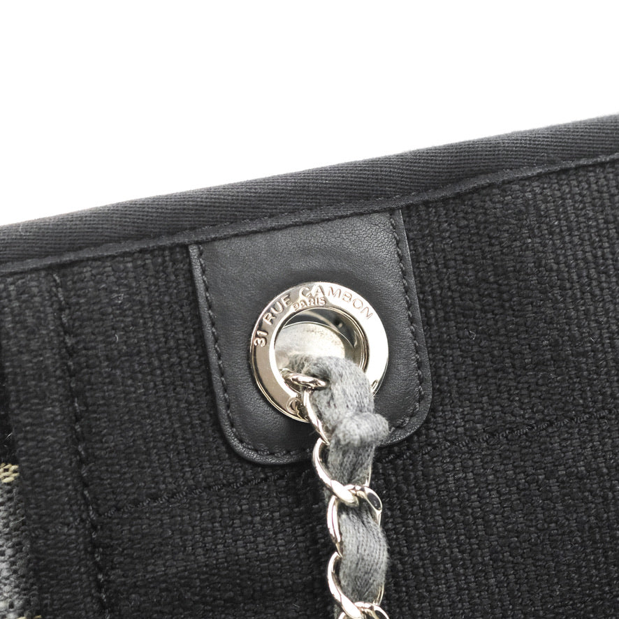 Chanel Mini Deauville Tote Black Stripe Canvas Silver Hardware