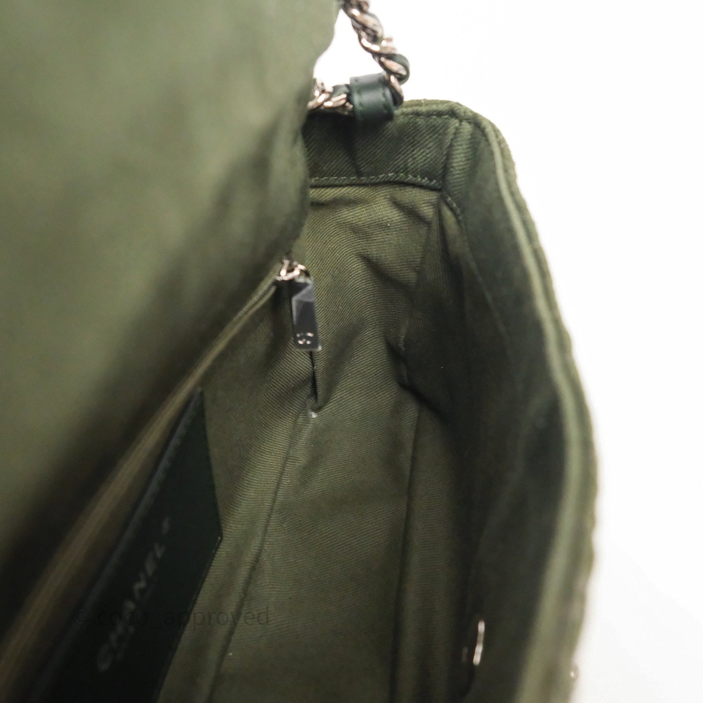Chanel Camellia Flap Bag Army Green Denim Silver Hardware