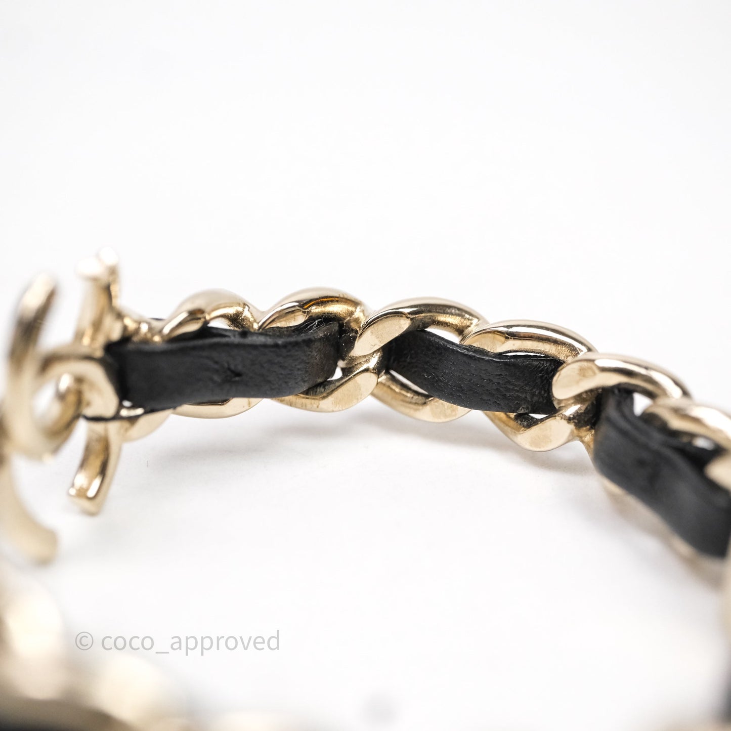 Chanel CC Black Leather Heart Bracelet Gold Tone 22C