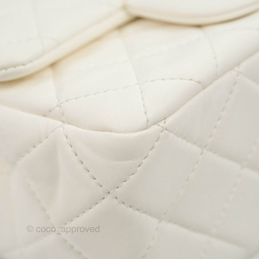 Chanel Mini Square Pearl Crush Quilted White Lambskin Aged Gold Hardware