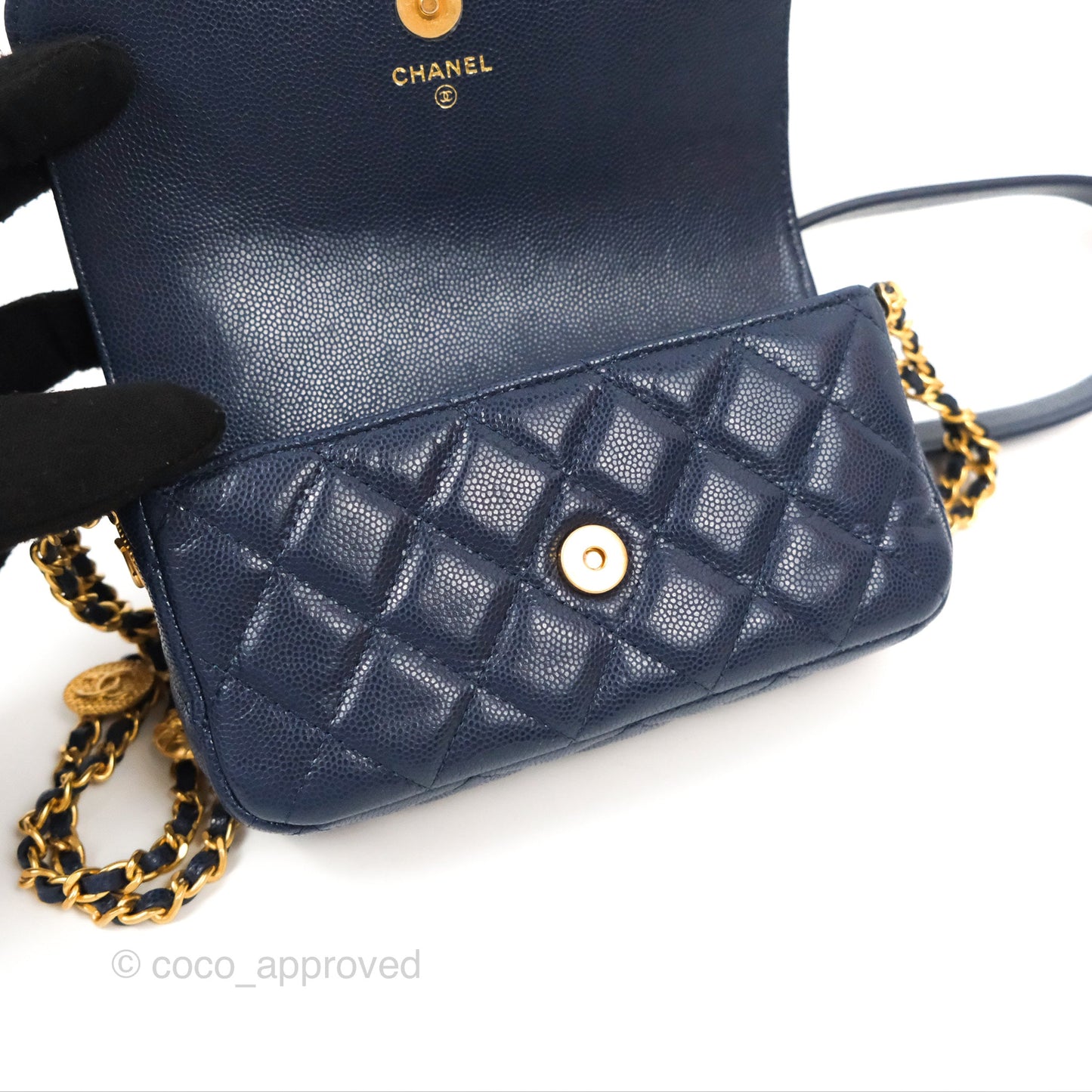 Chanel Twist Your Button Phone Bag Navy Shiny Caviar Aged Gold Hardware 22A