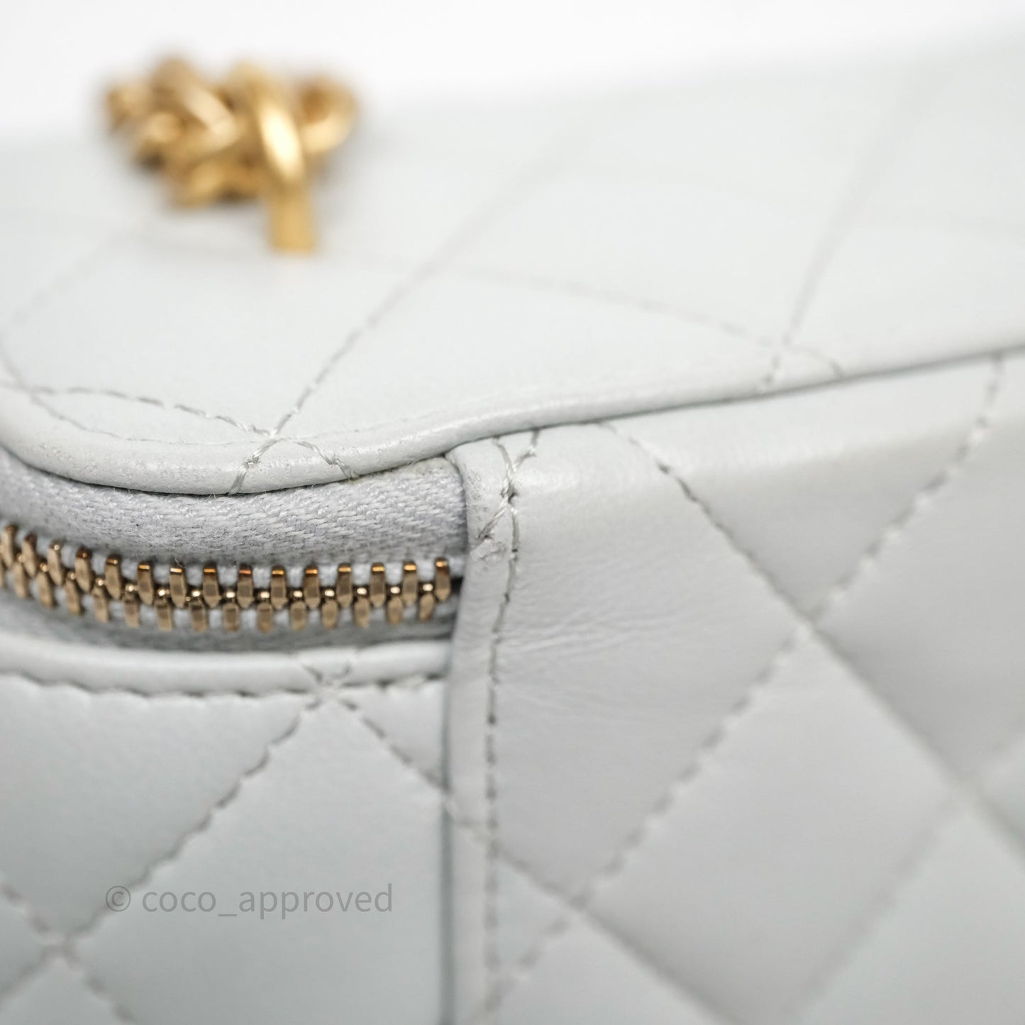 Chanel Quilted Vanity Rectangular with Camellia Adjustable Chain Blue Grey Lambskin Aged Gold Hardware