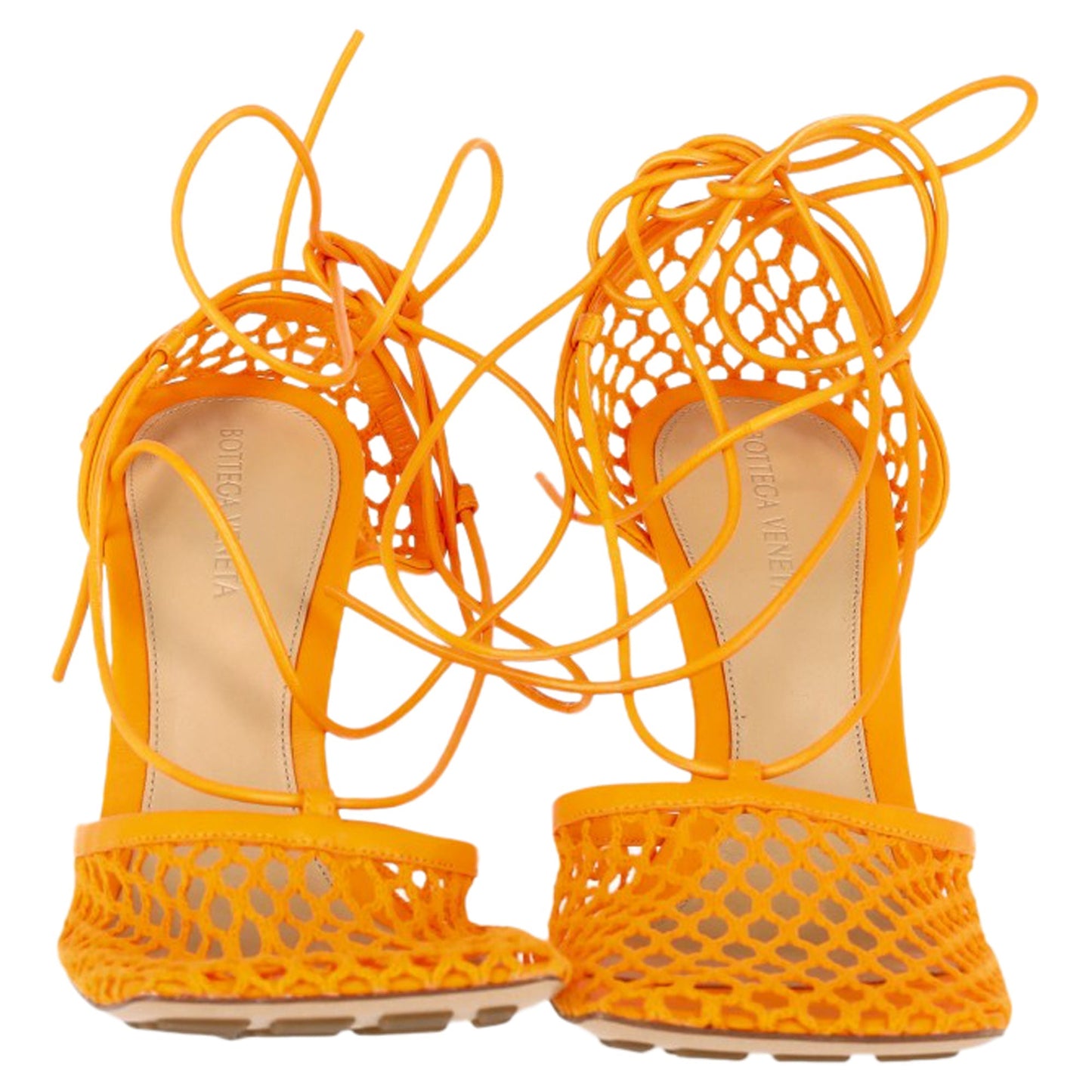 Luxury Bottega Veneta Stretch Lace Up Sandals in Orange Leather