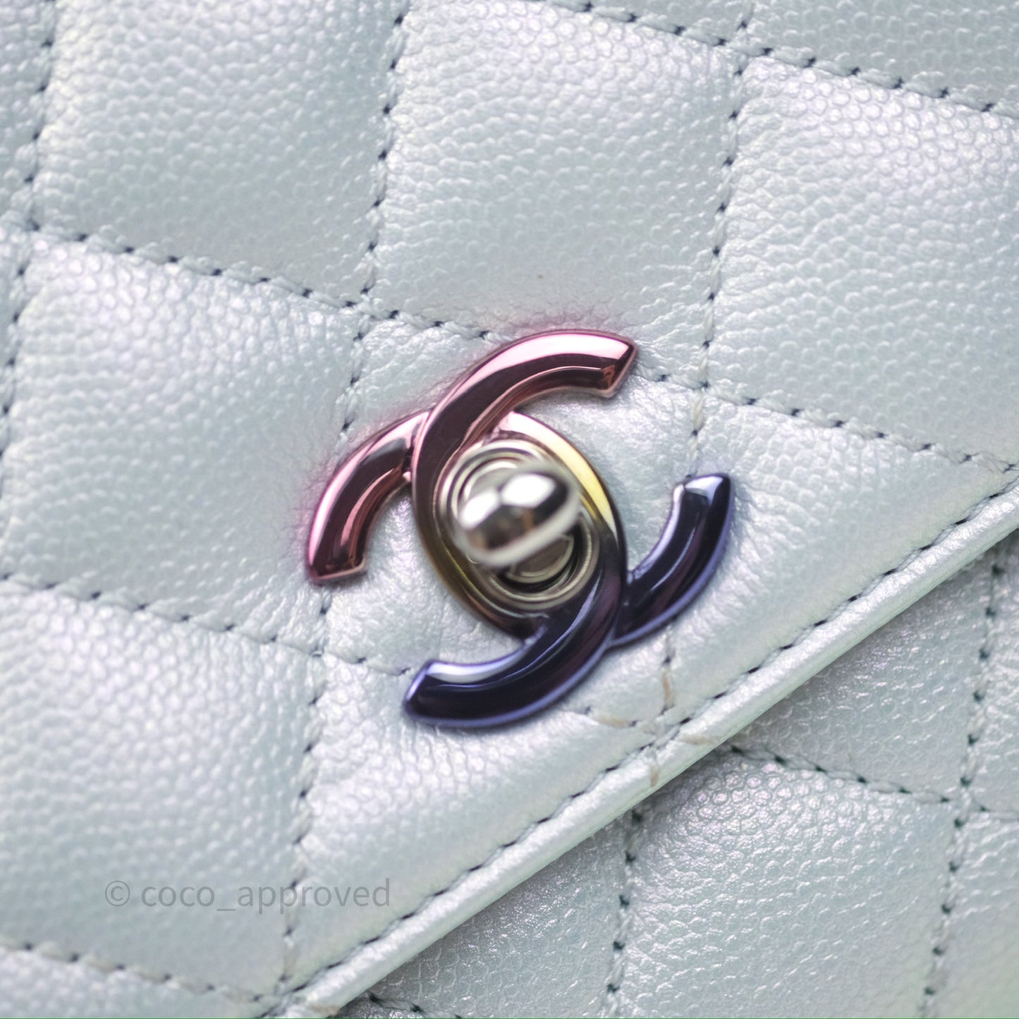 Chanel Mini Coco Handle Quilted Iridescent Light Blue Caviar Rainbow Hardware