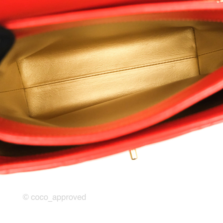 Chanel Top Handle Flap Bag Red Lambskin Aged Gold Hardware