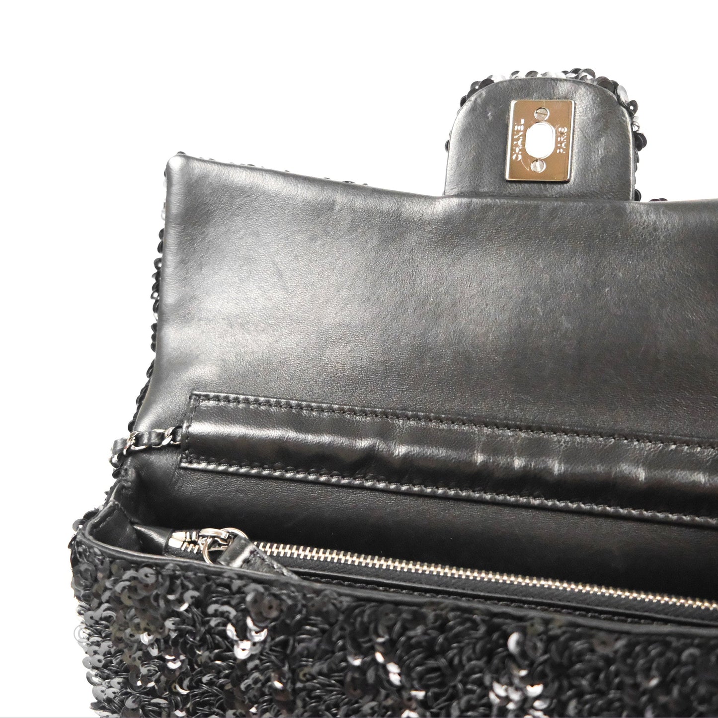 Chanel East West Flap Bag Black Sequin Dark Silver Hardware