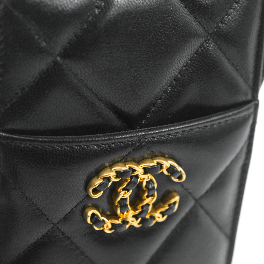 Chanel 19 Phone Holder Long Zip Wallet Black Goatskin Gold Hardware